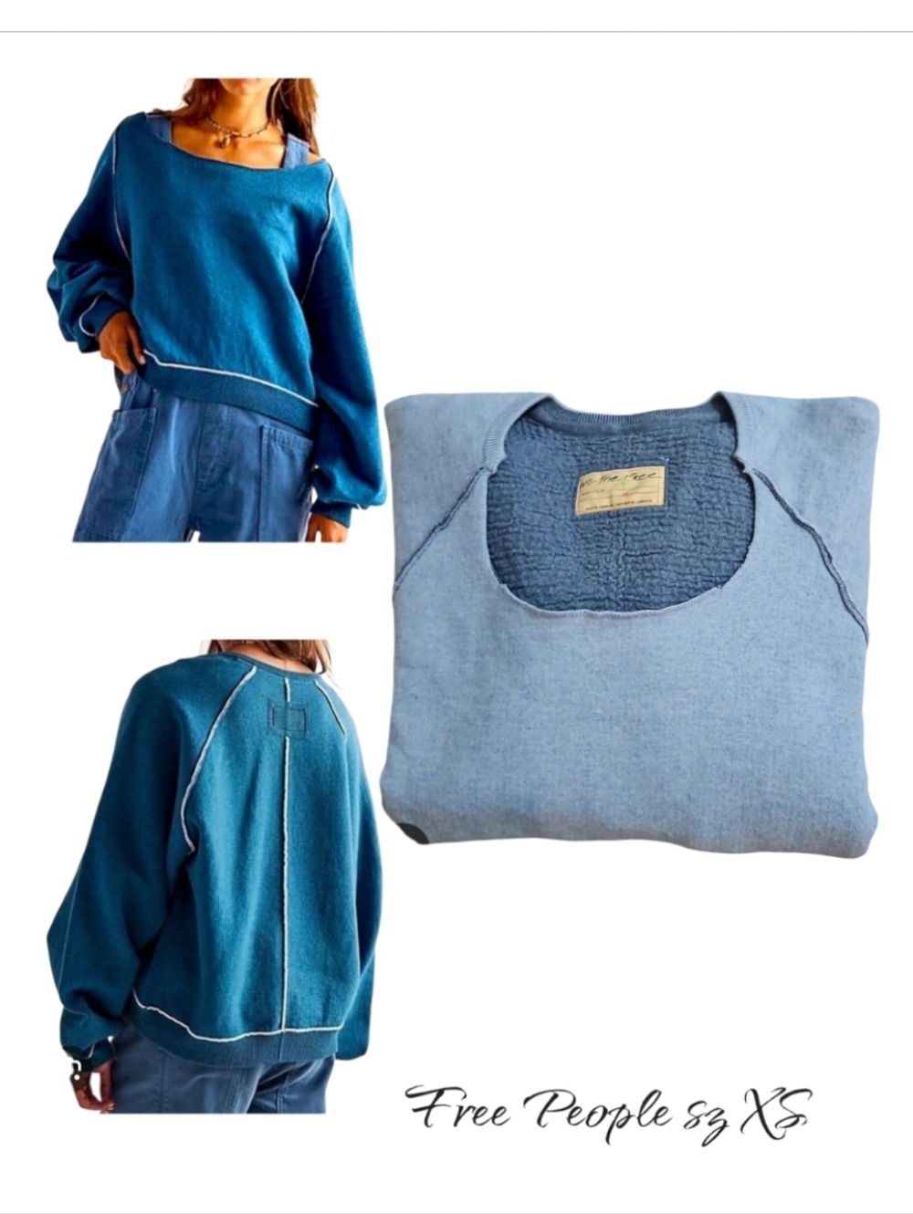 FREE PEOPLE We The Free Midnight Pullover Blue Reversible Slouchy Boho XS